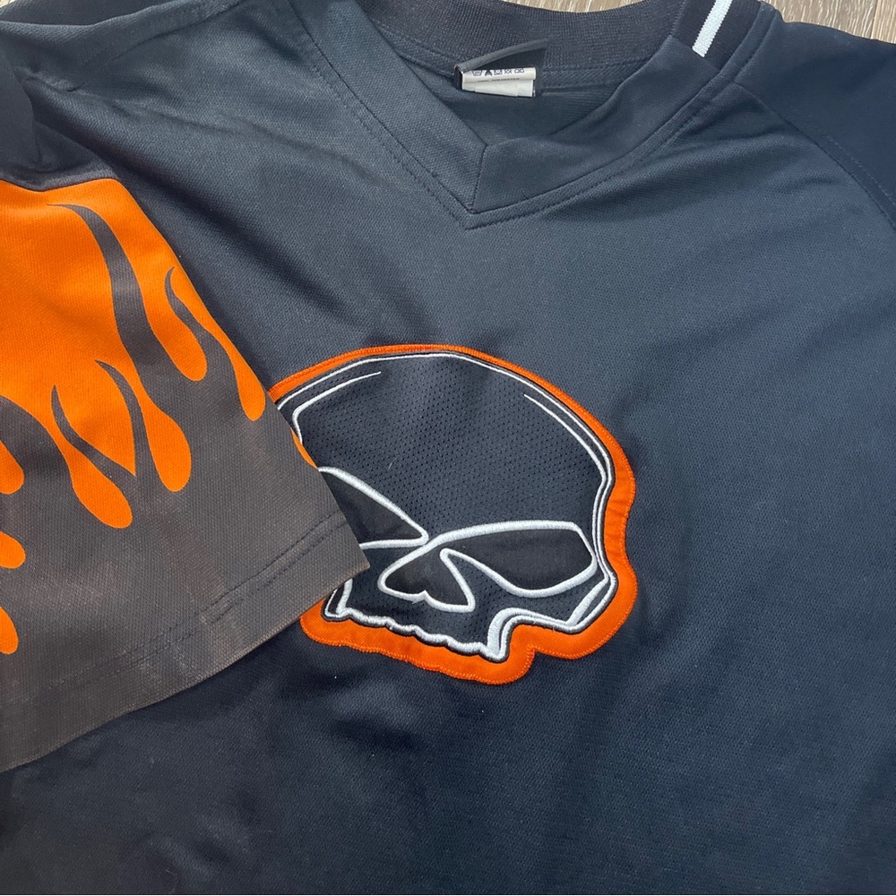 Harley Davidson Men’s Xl Black Orange Skull Logo Polyester Short Sleeve Jersey